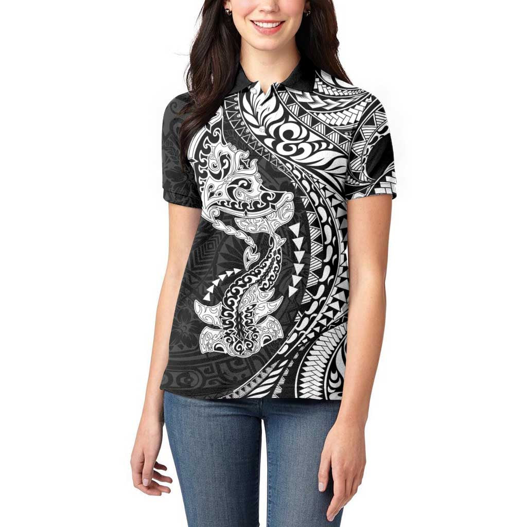 Hawaiian Manta Ray and Hammerhead Shark Tribal Tattoo Women Polo Shirt with Polynesian Tribal Pattern Black-White Color