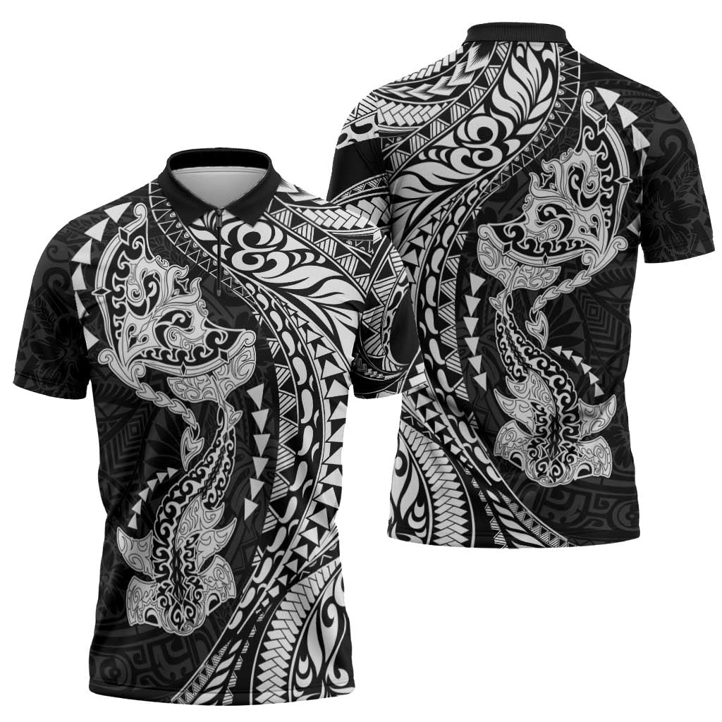 Hawaiian Manta Ray and Hammerhead Shark Tribal Tattoo Zipper Polo Shirt with Polynesian Tribal Pattern Black-White Color