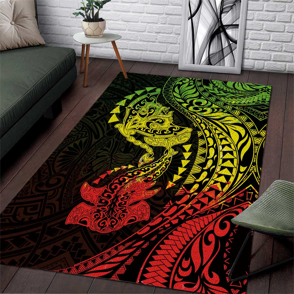 Hawaiian Manta Ray and Hammerhead Shark Tribal Tattoo Area Rug with Polynesian Tribal Pattern Reggae Style