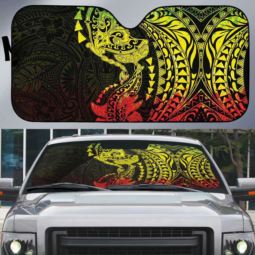 Hawaiian Manta Ray and Hammerhead Shark Tribal Tattoo Auto Sun Shade with Polynesian Tribal Pattern Reggae Style LT03 Multicolor - Polynesian Pride