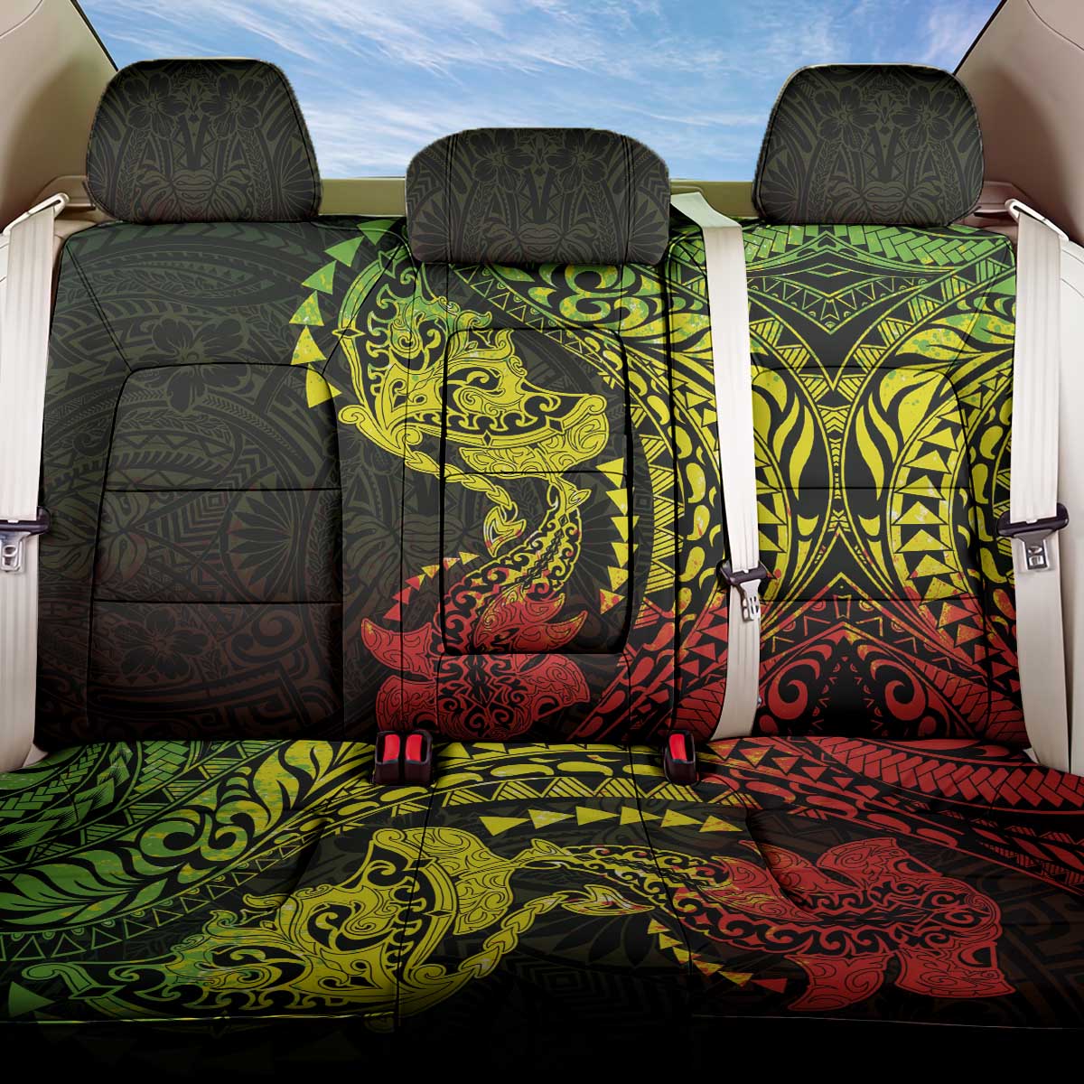 Hawaiian Manta Ray and Hammerhead Shark Tribal Tattoo Back Car Seat Cover with Polynesian Tribal Pattern Reggae Style