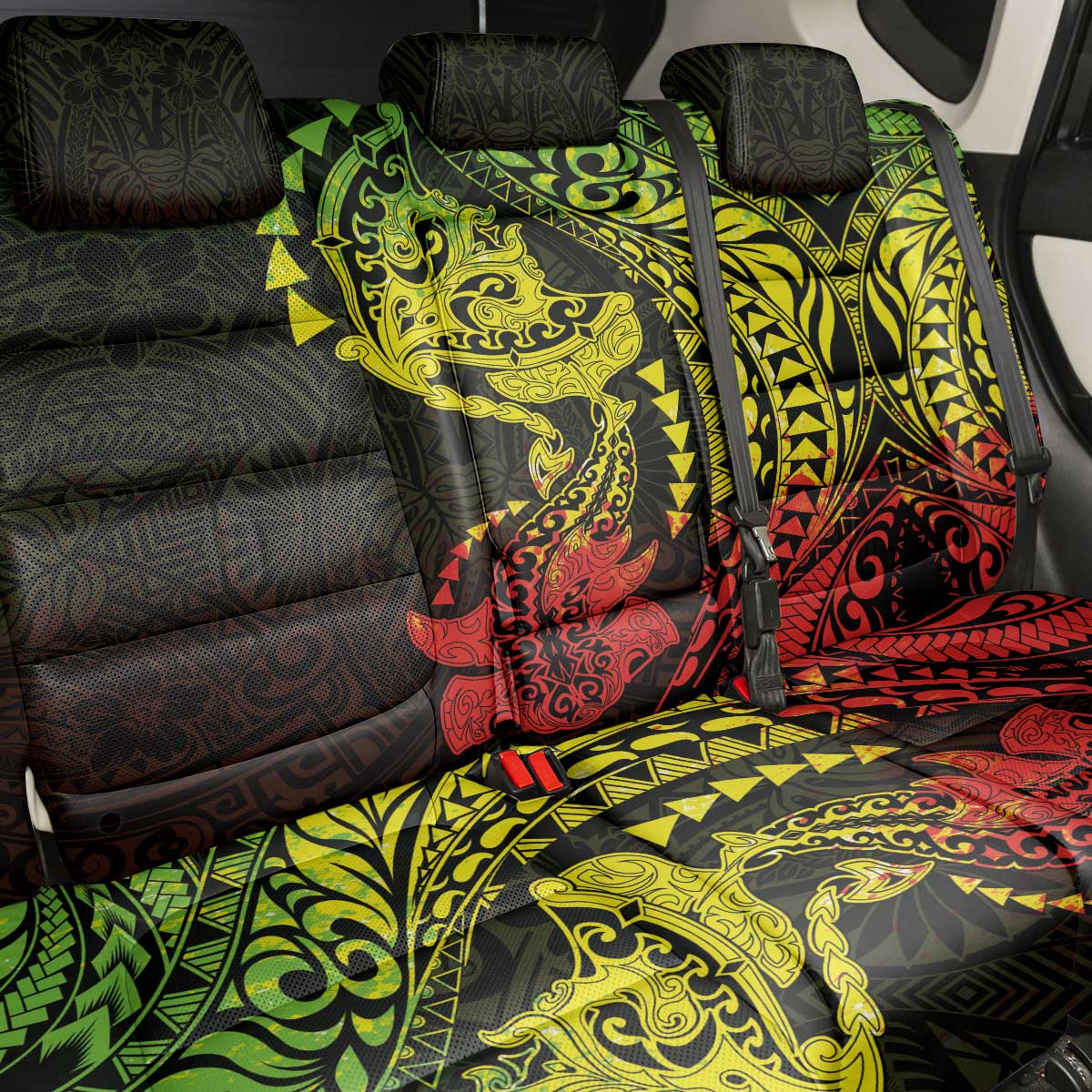 Hawaiian Manta Ray and Hammerhead Shark Tribal Tattoo Back Car Seat Cover with Polynesian Tribal Pattern Reggae Style