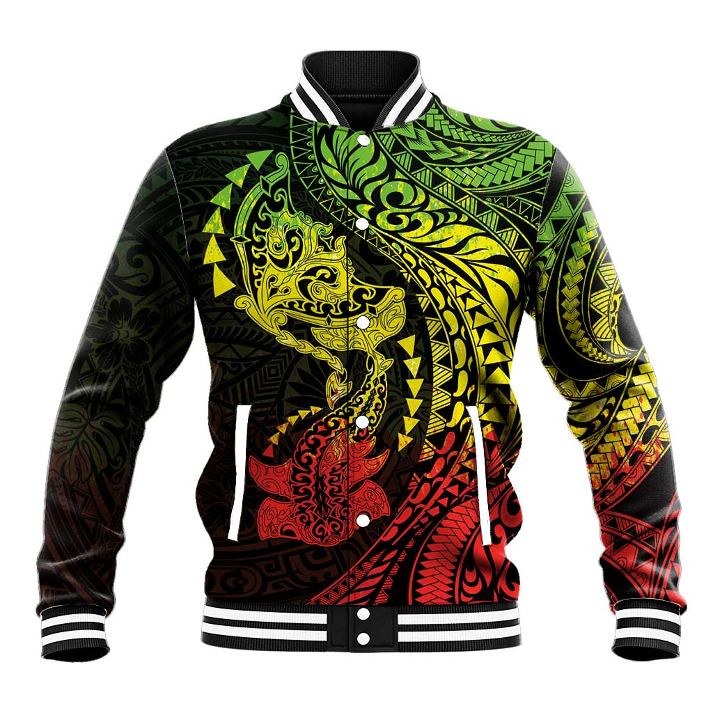 Hawaiian Manta Ray and Hammerhead Shark Tribal Tattoo Baseball Jacket with Polynesian Tribal Pattern Reggae Style LT03 Unisex Multicolor - Polynesian Pride