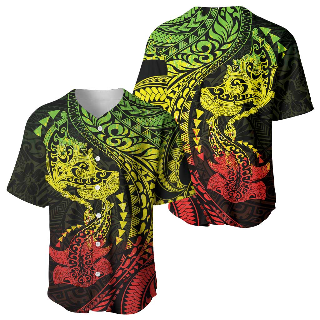 Hawaiian Manta Ray and Hammerhead Shark Tribal Tattoo Baseball Jersey with Polynesian Tribal Pattern Reggae Style LT03 - Polynesian Pride