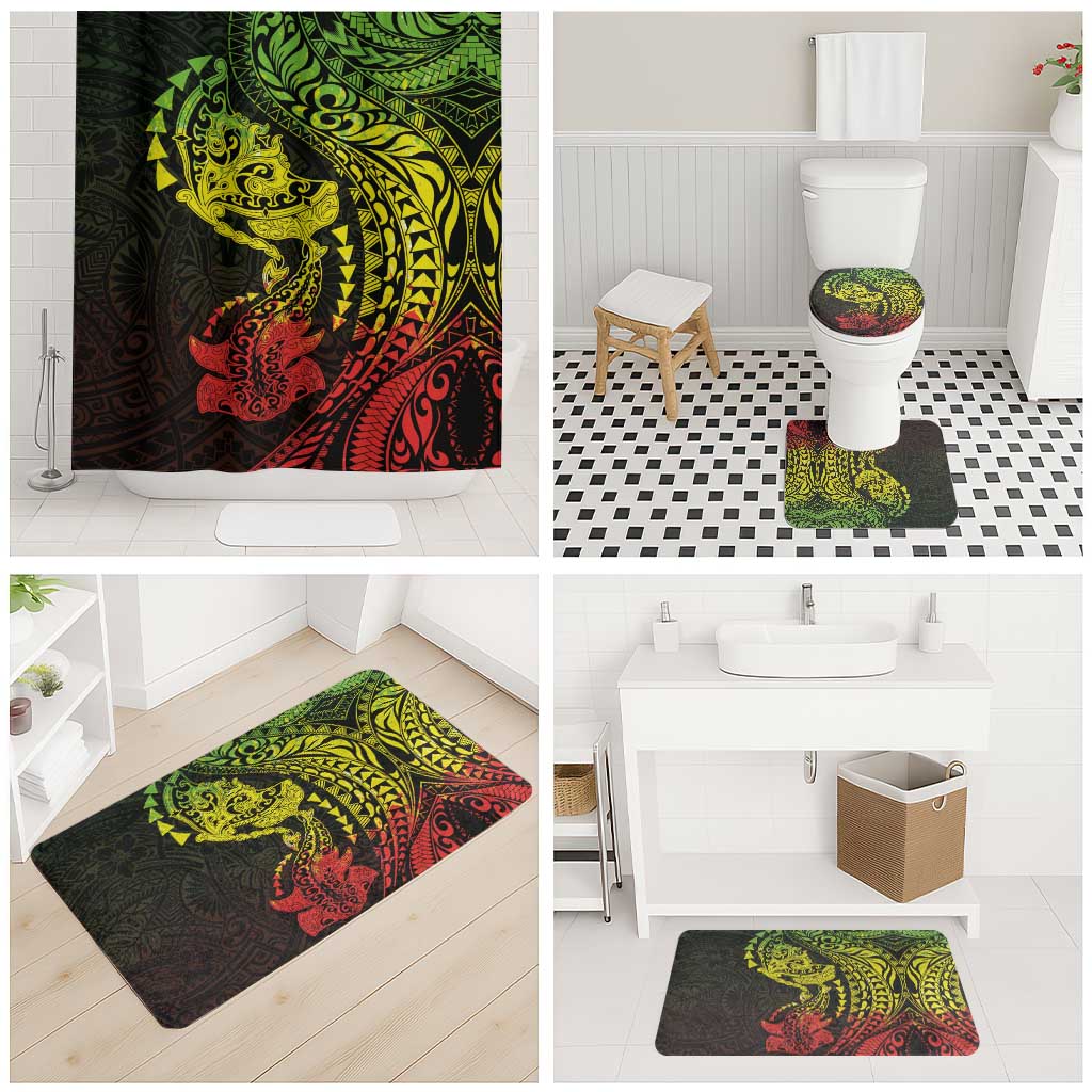 Hawaiian Manta Ray and Hammerhead Shark Tribal Tattoo Bathroom Set with Polynesian Tribal Pattern Reggae Style