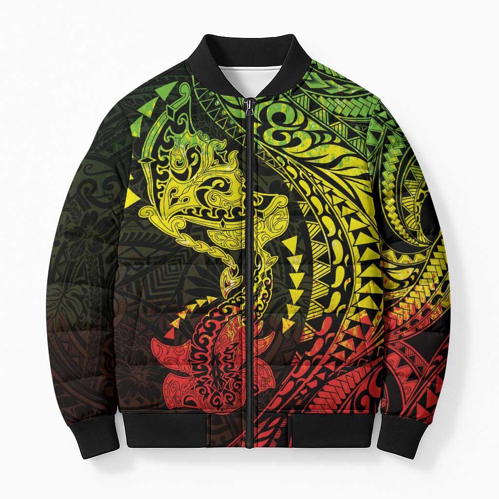 Hawaiian Manta Ray and Hammerhead Shark Tribal Tattoo Bomber Puffer Jacket with Polynesian Tribal Pattern Reggae Style LT03 Unisex Multicolor - Polynesian Pride