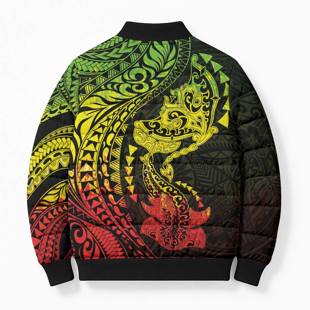 Hawaiian Manta Ray and Hammerhead Shark Tribal Tattoo Bomber Puffer Jacket with Polynesian Tribal Pattern Reggae Style LT03 - Polynesian Pride