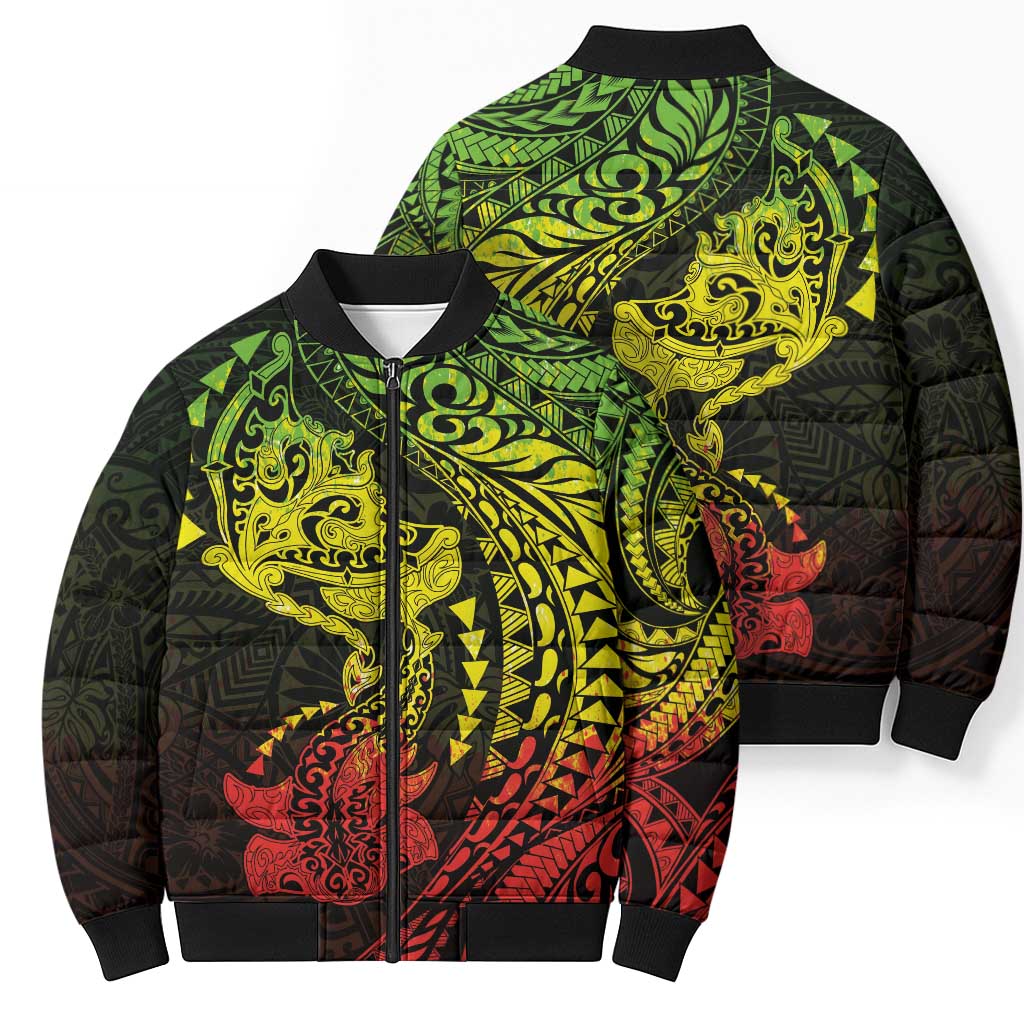 Hawaiian Manta Ray and Hammerhead Shark Tribal Tattoo Bomber Puffer Jacket with Polynesian Tribal Pattern Reggae Style LT03 - Polynesian Pride