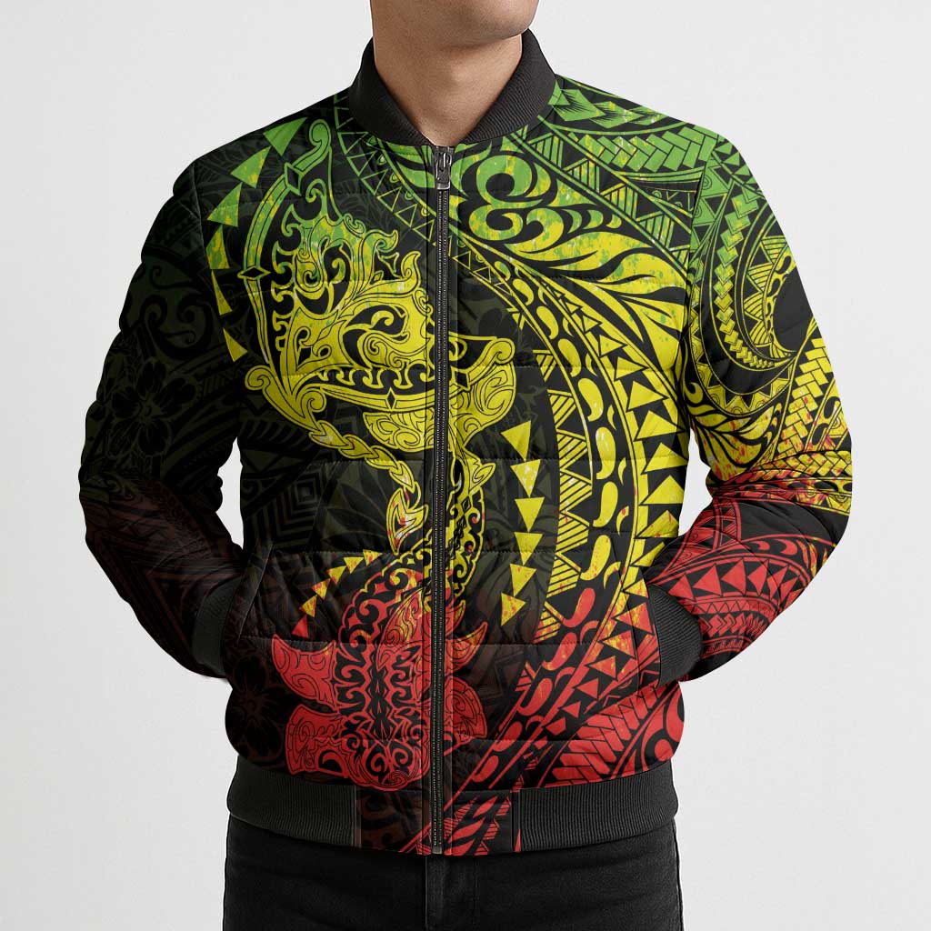 Hawaiian Manta Ray and Hammerhead Shark Tribal Tattoo Bomber Puffer Jacket with Polynesian Tribal Pattern Reggae Style LT03 - Polynesian Pride
