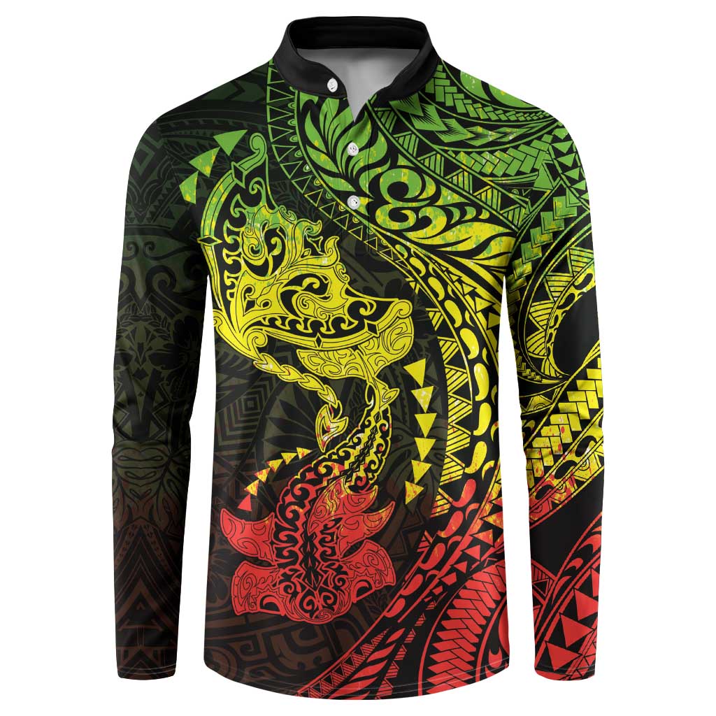 Hawaiian Manta Ray and Hammerhead Shark Tribal Tattoo Button Sweatshirt with Polynesian Tribal Pattern Reggae Style LT03 Multicolor - Polynesian Pride