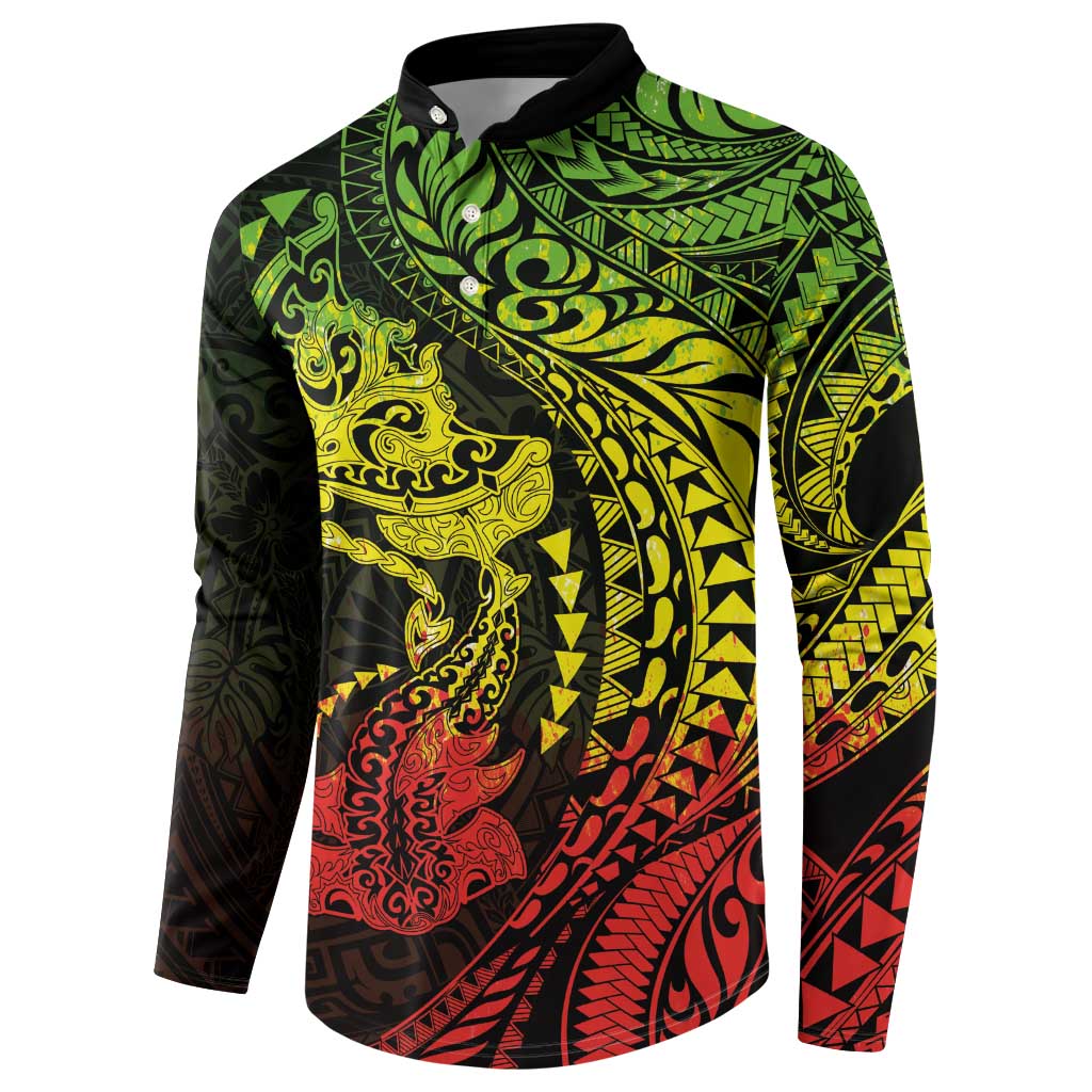Hawaiian Manta Ray and Hammerhead Shark Tribal Tattoo Button Sweatshirt with Polynesian Tribal Pattern Reggae Style LT03 - Polynesian Pride