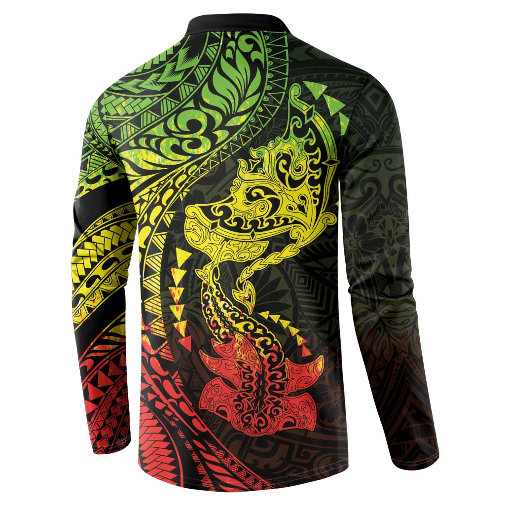 Hawaiian Manta Ray and Hammerhead Shark Tribal Tattoo Button Sweatshirt with Polynesian Tribal Pattern Reggae Style LT03 - Polynesian Pride
