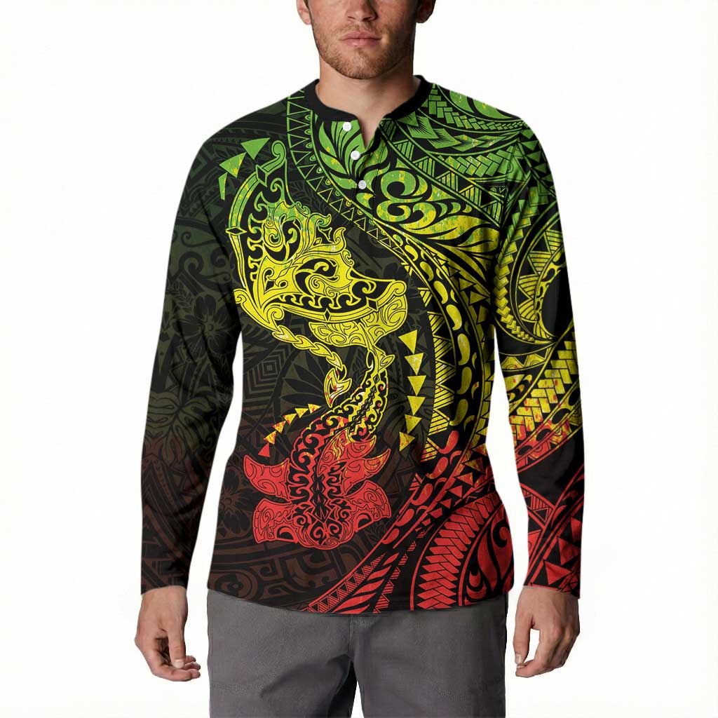 Hawaiian Manta Ray and Hammerhead Shark Tribal Tattoo Button Sweatshirt with Polynesian Tribal Pattern Reggae Style LT03 - Polynesian Pride