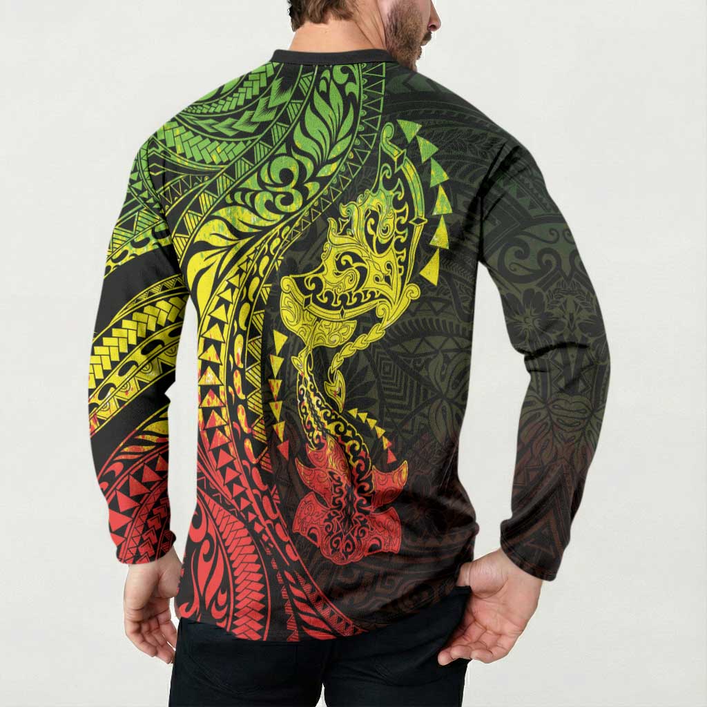 Hawaiian Manta Ray and Hammerhead Shark Tribal Tattoo Button Sweatshirt with Polynesian Tribal Pattern Reggae Style LT03 - Polynesian Pride