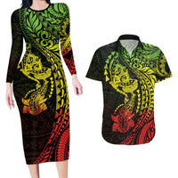 Hawaiian Manta Ray and Hammerhead Shark Tribal Tattoo Couples Matching Long Sleeve Bodycon Dress and Hawaiian Shirt with Polynesian Tribal Pattern Reggae Style