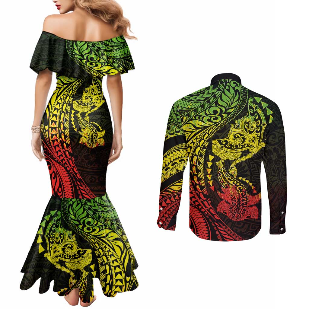 Hawaiian Manta Ray and Hammerhead Shark Tribal Tattoo Couples Matching Mermaid Dress and Long Sleeve Button Shirt with Polynesian Tribal Pattern Reggae Style