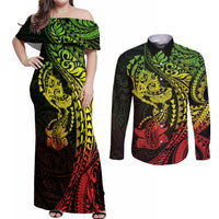 Hawaiian Manta Ray and Hammerhead Shark Tribal Tattoo Couples Matching Off Shoulder Maxi Dress and Long Sleeve Button Shirt with Polynesian Tribal Pattern Reggae Style