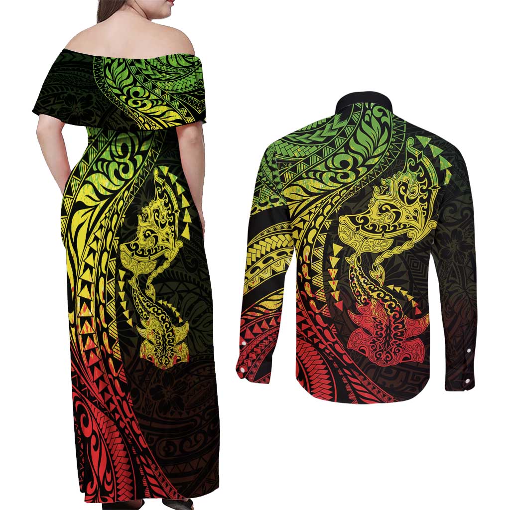 Hawaiian Manta Ray and Hammerhead Shark Tribal Tattoo Couples Matching Off Shoulder Maxi Dress and Long Sleeve Button Shirt with Polynesian Tribal Pattern Reggae Style