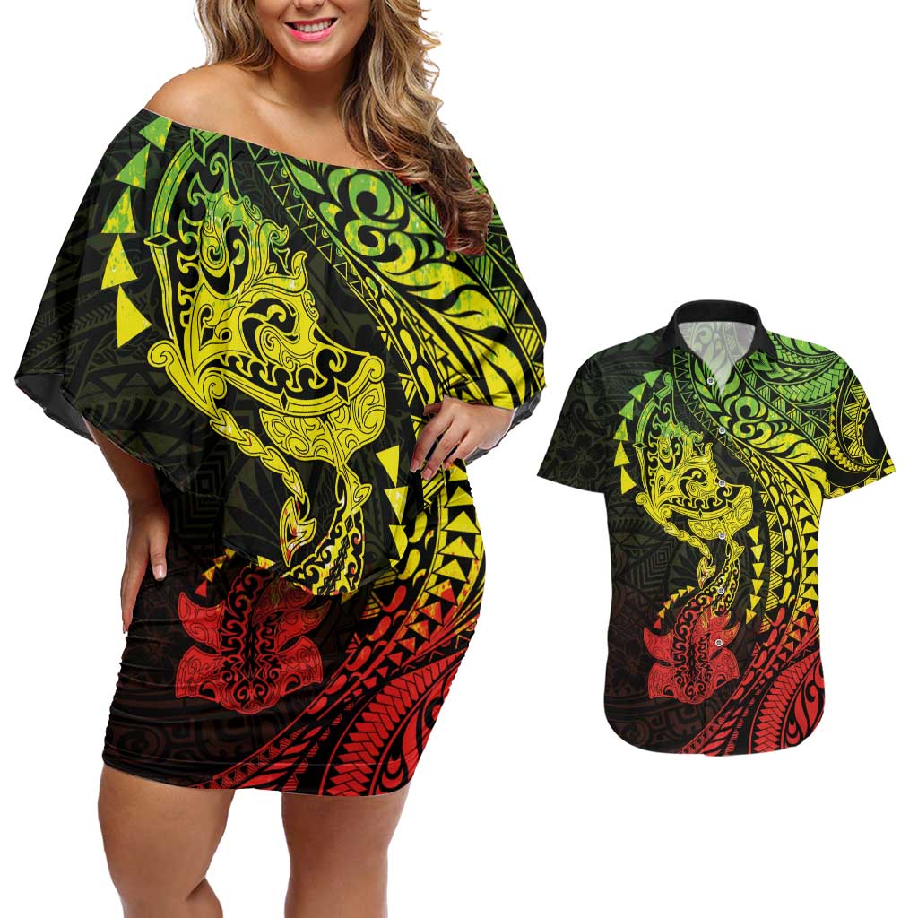 Hawaiian Manta Ray and Hammerhead Shark Tribal Tattoo Couples Matching Off Shoulder Short Dress and Hawaiian Shirt with Polynesian Tribal Pattern Reggae Style