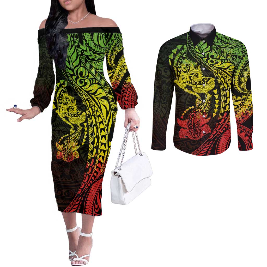 Hawaiian Manta Ray and Hammerhead Shark Tribal Tattoo Couples Matching Off The Shoulder Long Sleeve Dress and Long Sleeve Button Shirt with Polynesian Tribal Pattern Reggae Style