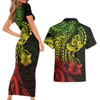 Hawaiian Manta Ray and Hammerhead Shark Tribal Tattoo Couples Matching Short Sleeve Bodycon Dress and Hawaiian Shirt with Polynesian Tribal Pattern Reggae Style