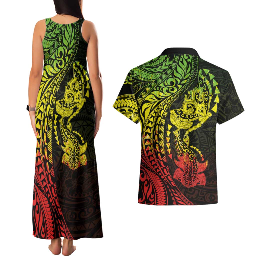 Hawaiian Manta Ray and Hammerhead Shark Tribal Tattoo Couples Matching Tank Maxi Dress and Hawaiian Shirt with Polynesian Tribal Pattern Reggae Style