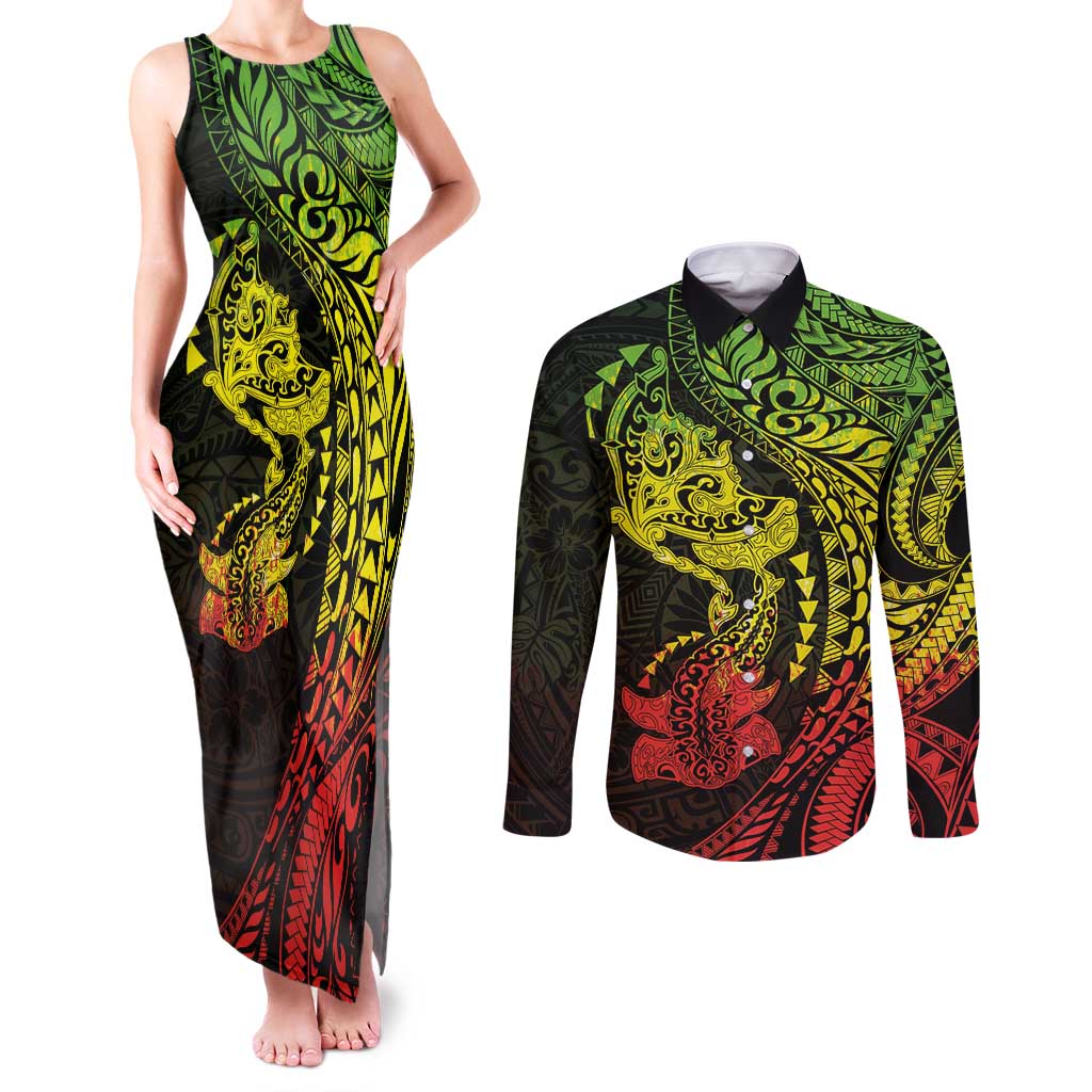 Hawaiian Manta Ray and Hammerhead Shark Tribal Tattoo Couples Matching Tank Maxi Dress and Long Sleeve Button Shirt with Polynesian Tribal Pattern Reggae Style