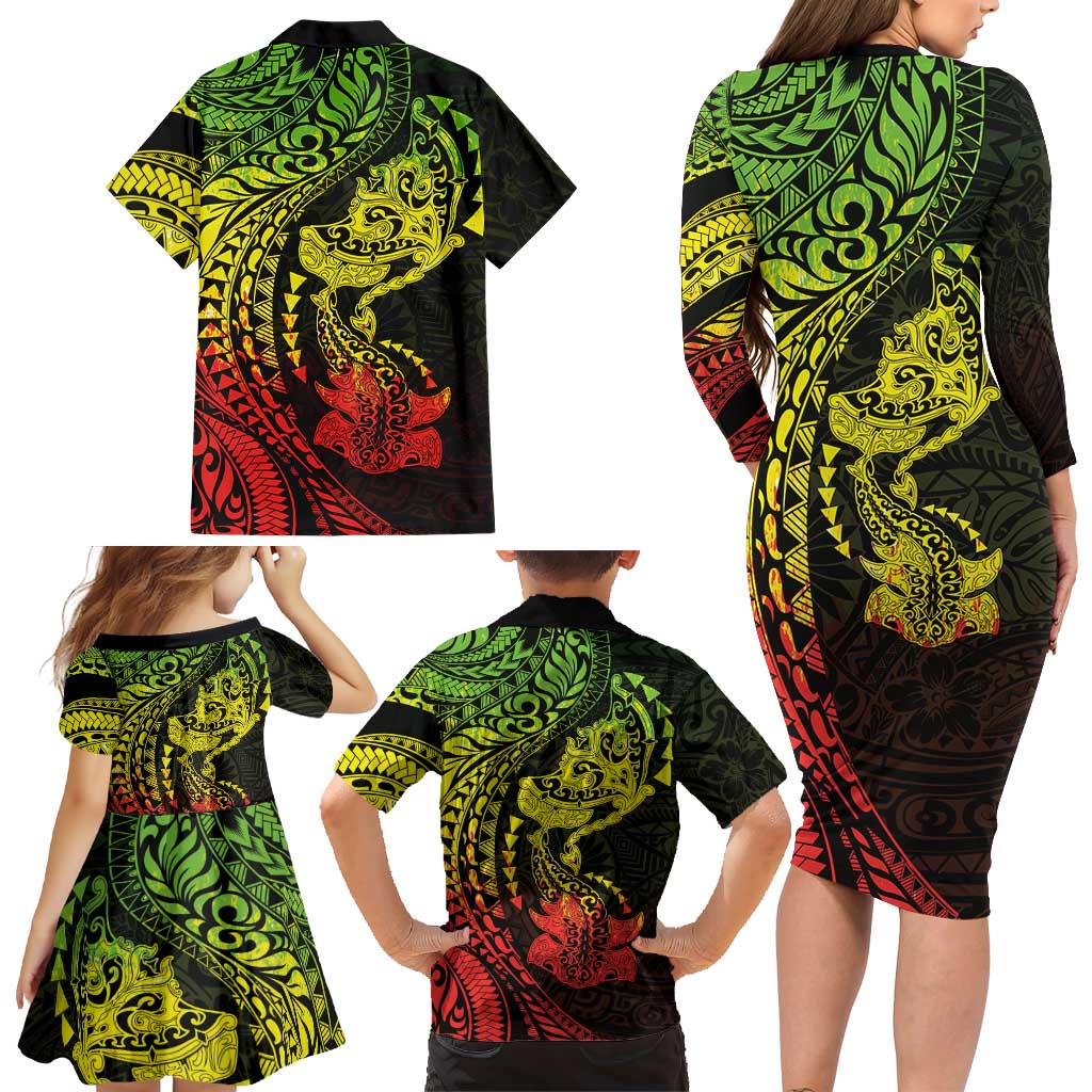 Hawaiian Manta Ray and Hammerhead Shark Tribal Tattoo Family Matching Long Sleeve Bodycon Dress and Hawaiian Shirt with Polynesian Tribal Pattern Reggae Style