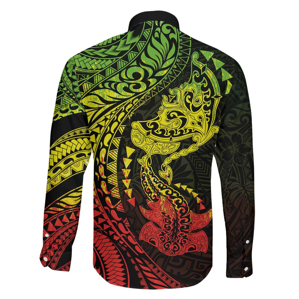 Hawaiian Manta Ray and Hammerhead Shark Tribal Tattoo Family Matching Long Sleeve Bodycon Dress and Hawaiian Shirt with Polynesian Tribal Pattern Reggae Style