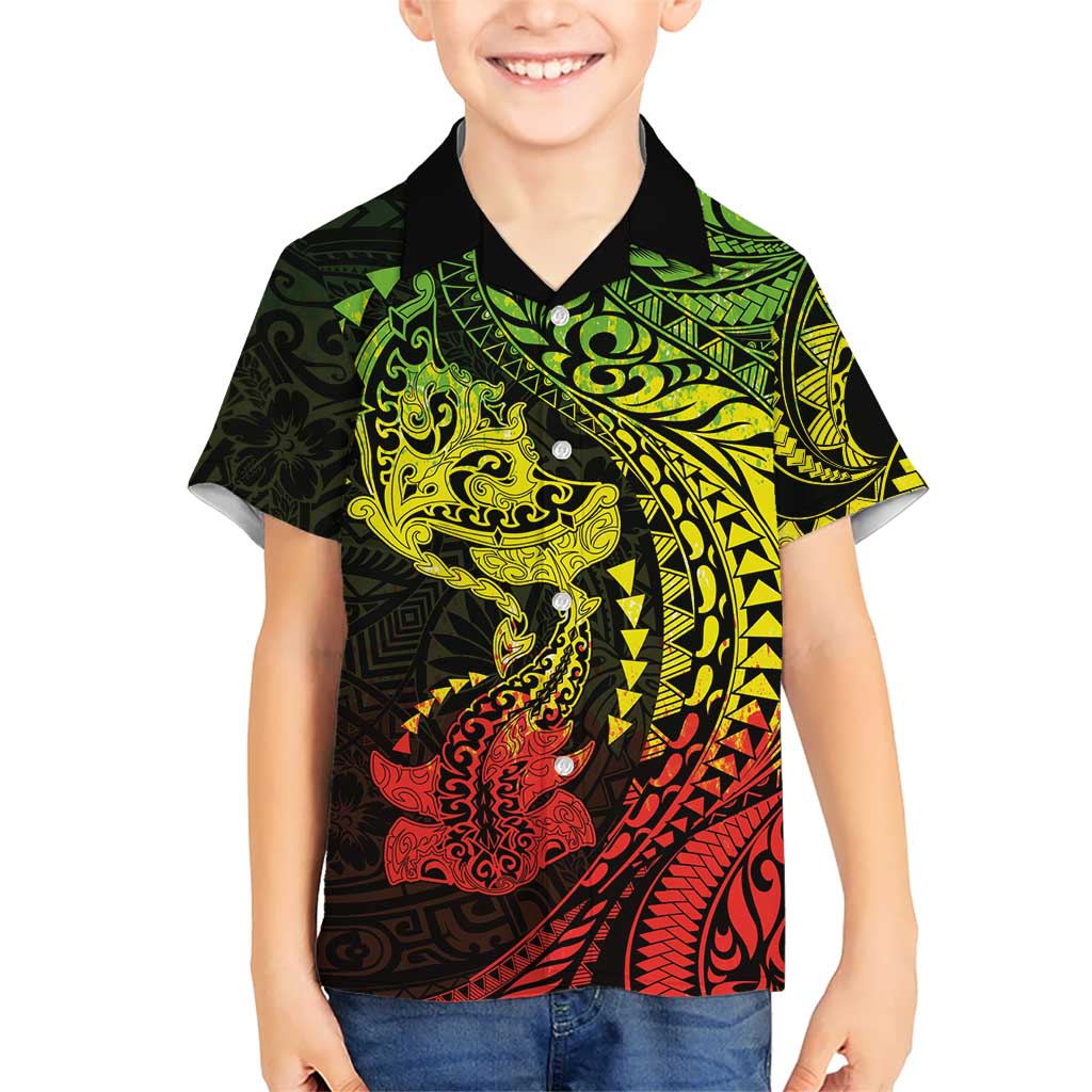 Hawaiian Manta Ray and Hammerhead Shark Tribal Tattoo Family Matching Long Sleeve Bodycon Dress and Hawaiian Shirt with Polynesian Tribal Pattern Reggae Style