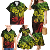 Hawaiian Manta Ray and Hammerhead Shark Tribal Tattoo Family Matching Mermaid Dress and Hawaiian Shirt with Polynesian Tribal Pattern Reggae Style