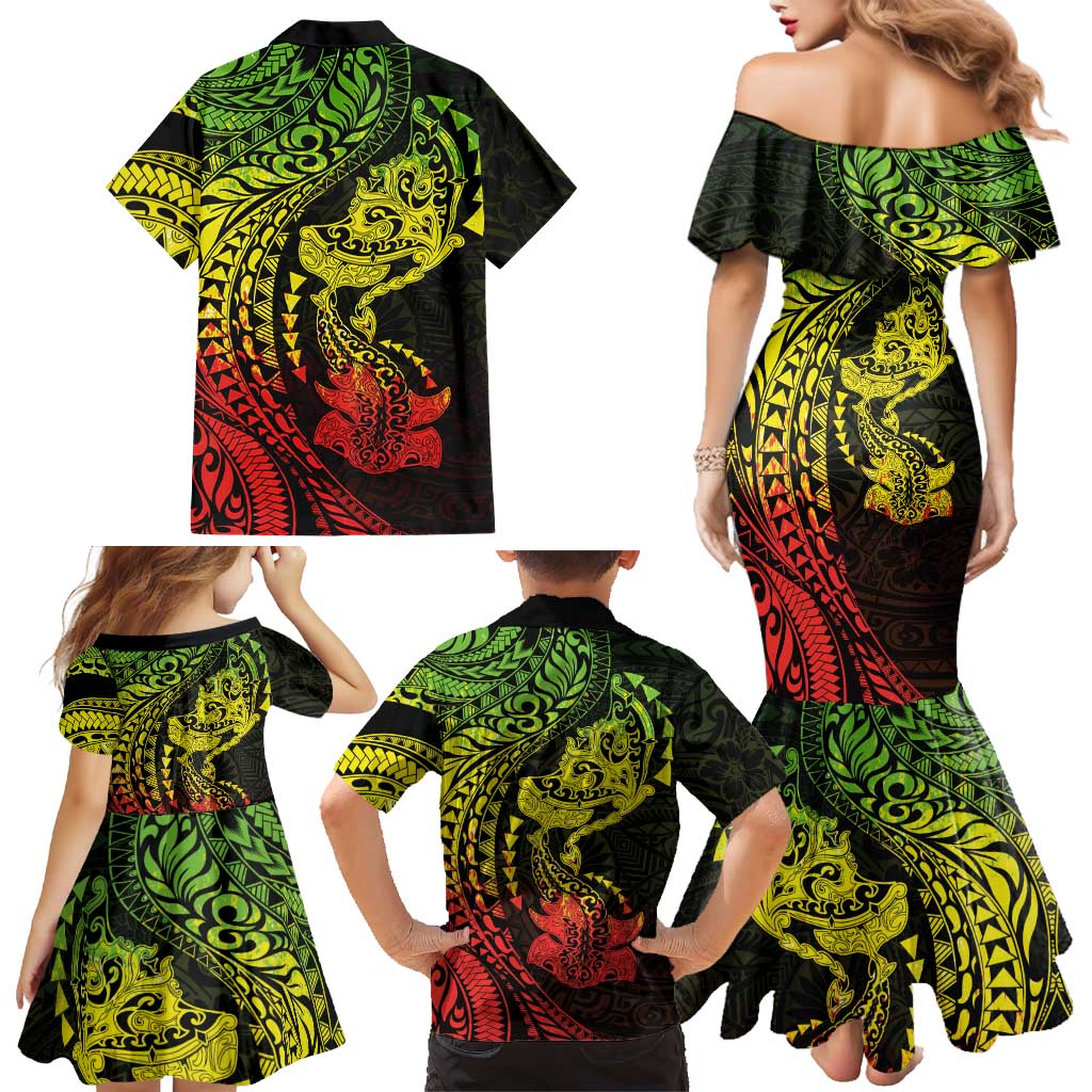 Hawaiian Manta Ray and Hammerhead Shark Tribal Tattoo Family Matching Mermaid Dress and Hawaiian Shirt with Polynesian Tribal Pattern Reggae Style