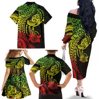 Hawaiian Manta Ray and Hammerhead Shark Tribal Tattoo Family Matching Off The Shoulder Long Sleeve Dress and Hawaiian Shirt with Polynesian Tribal Pattern Reggae Style