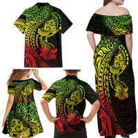 Hawaiian Manta Ray and Hammerhead Shark Tribal Tattoo Family Matching Off Shoulder Maxi Dress and Hawaiian Shirt with Polynesian Tribal Pattern Reggae Style