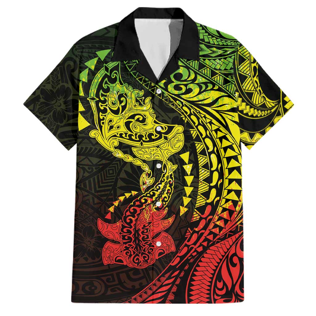 Hawaiian Manta Ray and Hammerhead Shark Tribal Tattoo Family Matching Off Shoulder Maxi Dress and Hawaiian Shirt with Polynesian Tribal Pattern Reggae Style