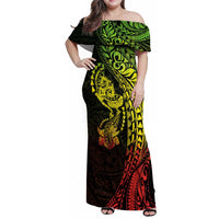 Hawaiian Manta Ray and Hammerhead Shark Tribal Tattoo Family Matching Off Shoulder Maxi Dress and Hawaiian Shirt with Polynesian Tribal Pattern Reggae Style