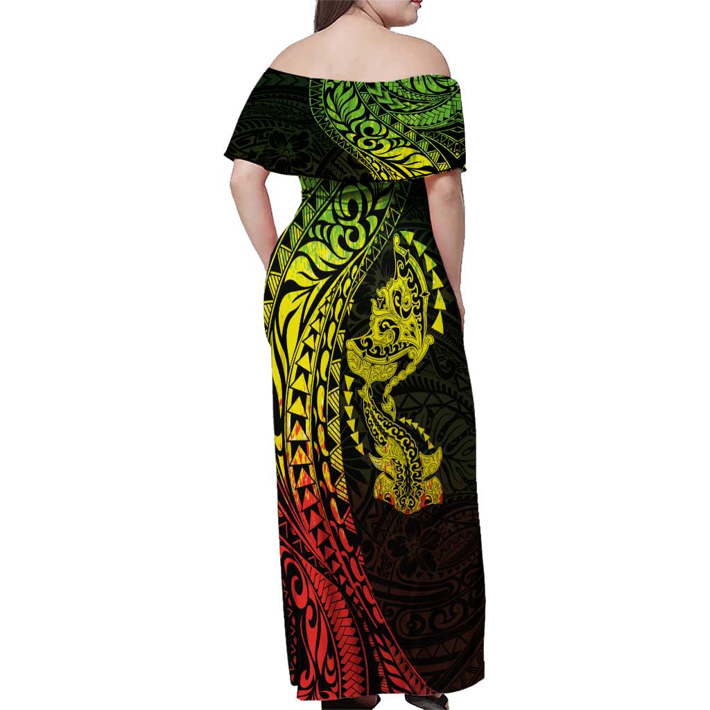 Hawaiian Manta Ray and Hammerhead Shark Tribal Tattoo Family Matching Off Shoulder Maxi Dress and Hawaiian Shirt with Polynesian Tribal Pattern Reggae Style