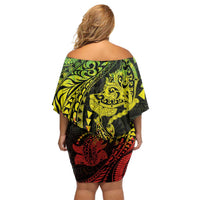 Hawaiian Manta Ray and Hammerhead Shark Tribal Tattoo Family Matching Off Shoulder Short Dress and Hawaiian Shirt with Polynesian Tribal Pattern Reggae Style