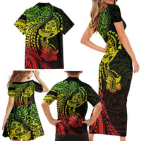 Hawaiian Manta Ray and Hammerhead Shark Tribal Tattoo Family Matching Short Sleeve Bodycon Dress and Hawaiian Shirt with Polynesian Tribal Pattern Reggae Style