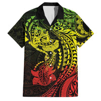 Hawaiian Manta Ray and Hammerhead Shark Tribal Tattoo Family Matching Short Sleeve Bodycon Dress and Hawaiian Shirt with Polynesian Tribal Pattern Reggae Style