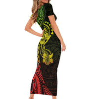 Hawaiian Manta Ray and Hammerhead Shark Tribal Tattoo Family Matching Short Sleeve Bodycon Dress and Hawaiian Shirt with Polynesian Tribal Pattern Reggae Style
