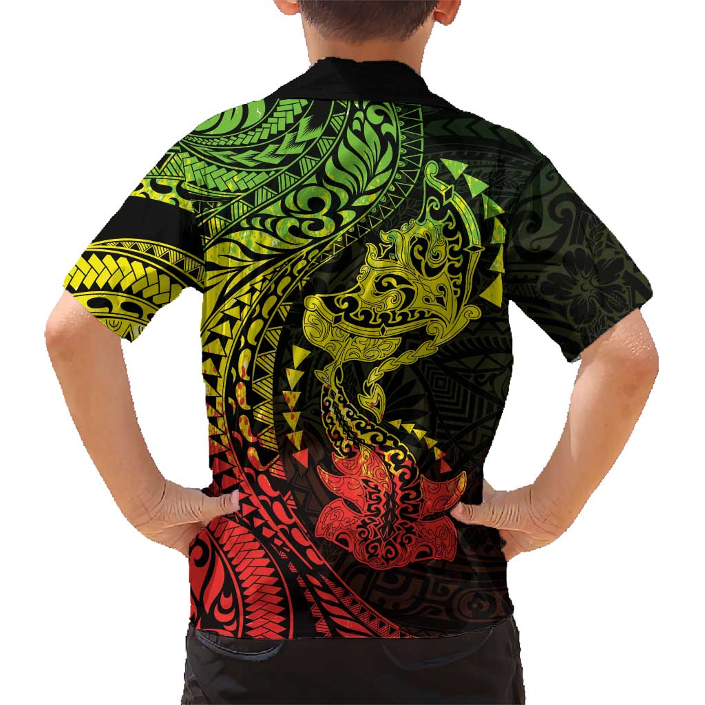 Hawaiian Manta Ray and Hammerhead Shark Tribal Tattoo Family Matching Summer Maxi Dress and Hawaiian Shirt with Polynesian Tribal Pattern Reggae Style