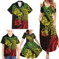 Hawaiian Manta Ray and Hammerhead Shark Tribal Tattoo Family Matching Summer Maxi Dress and Hawaiian Shirt with Polynesian Tribal Pattern Reggae Style
