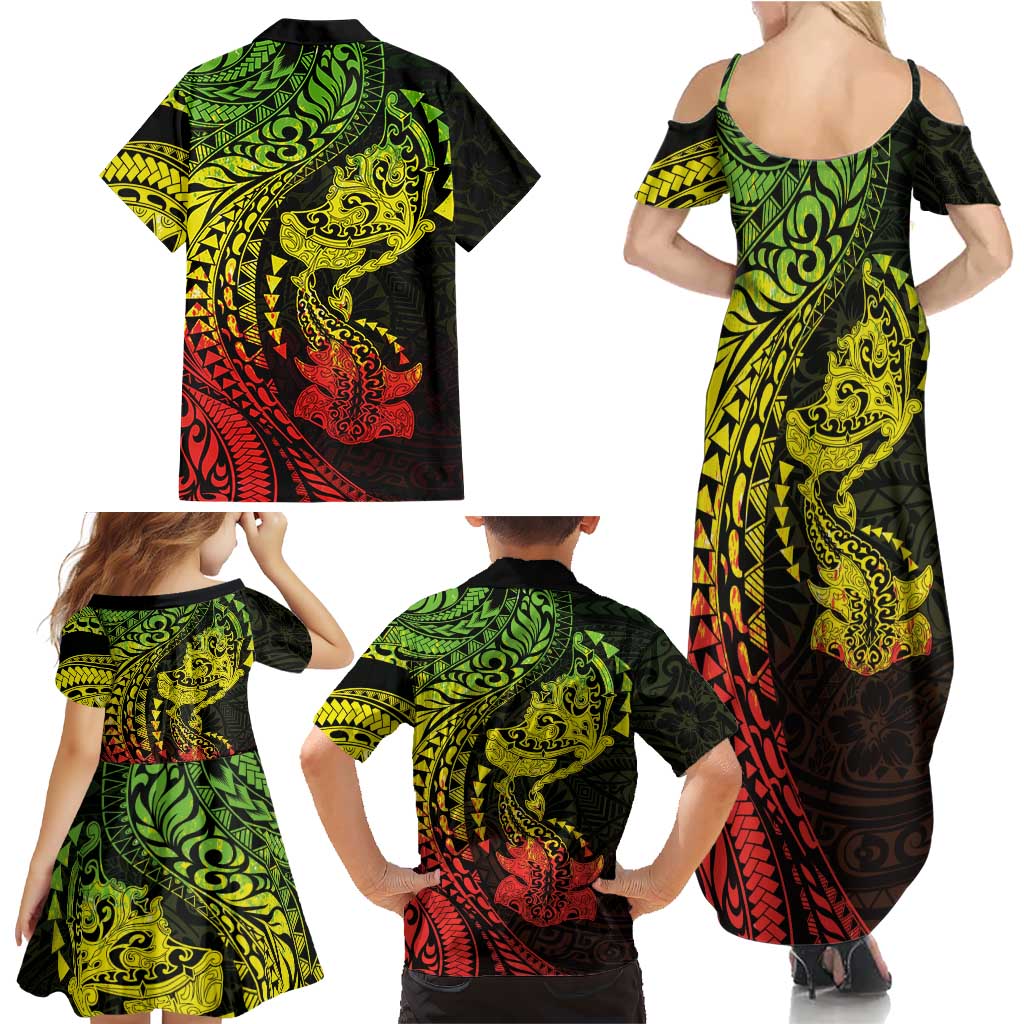 Hawaiian Manta Ray and Hammerhead Shark Tribal Tattoo Family Matching Summer Maxi Dress and Hawaiian Shirt with Polynesian Tribal Pattern Reggae Style