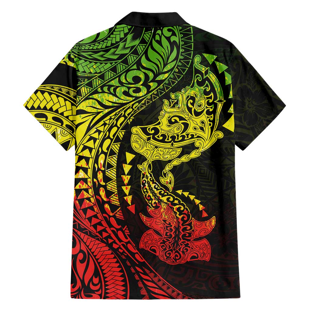 Hawaiian Manta Ray and Hammerhead Shark Tribal Tattoo Family Matching Summer Maxi Dress and Hawaiian Shirt with Polynesian Tribal Pattern Reggae Style