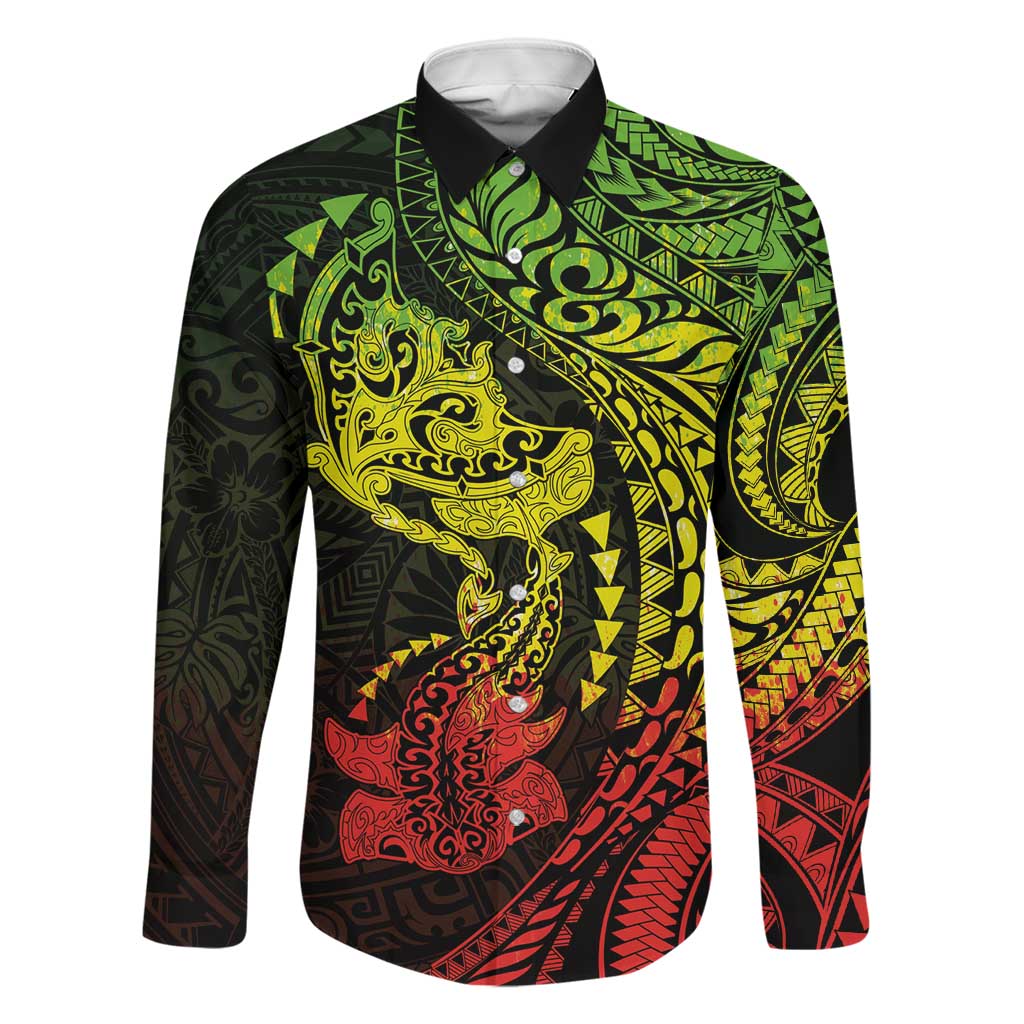 Hawaiian Manta Ray and Hammerhead Shark Tribal Tattoo Family Matching Summer Maxi Dress and Hawaiian Shirt with Polynesian Tribal Pattern Reggae Style
