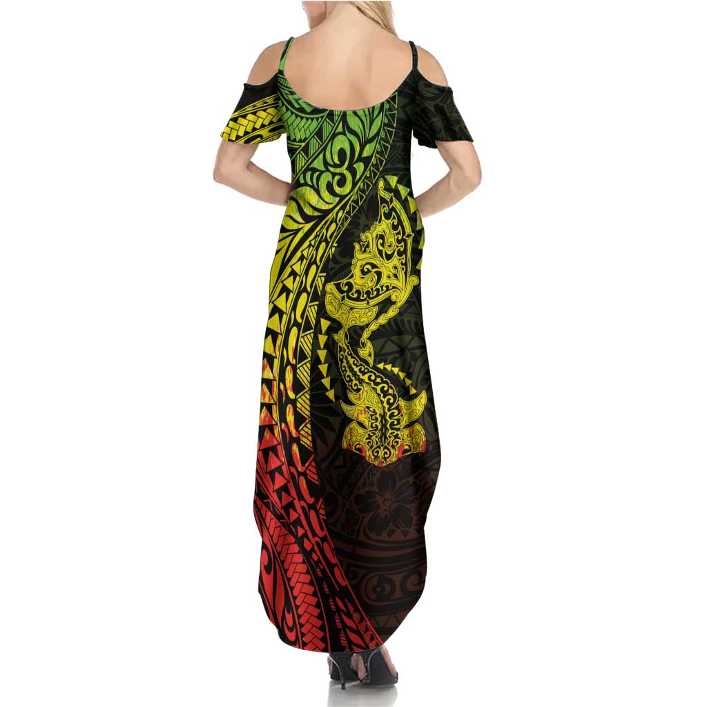 Hawaiian Manta Ray and Hammerhead Shark Tribal Tattoo Family Matching Summer Maxi Dress and Hawaiian Shirt with Polynesian Tribal Pattern Reggae Style
