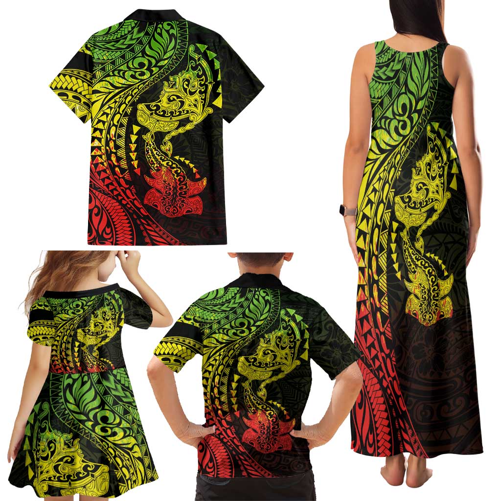 Hawaiian Manta Ray and Hammerhead Shark Tribal Tattoo Family Matching Tank Maxi Dress and Hawaiian Shirt with Polynesian Tribal Pattern Reggae Style