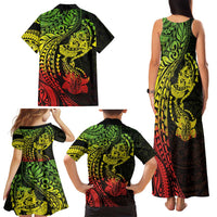 Hawaiian Manta Ray and Hammerhead Shark Tribal Tattoo Family Matching Tank Maxi Dress and Hawaiian Shirt with Polynesian Tribal Pattern Reggae Style