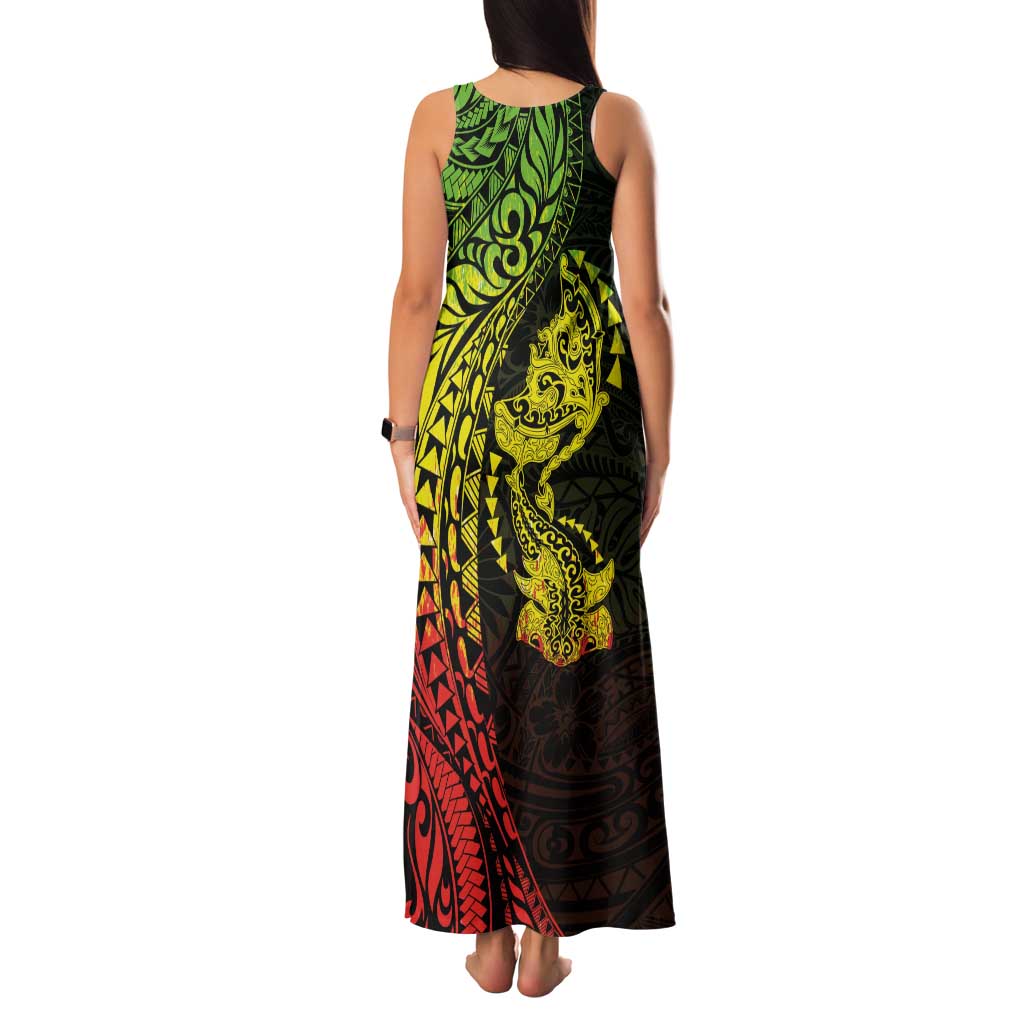 Hawaiian Manta Ray and Hammerhead Shark Tribal Tattoo Family Matching Tank Maxi Dress and Hawaiian Shirt with Polynesian Tribal Pattern Reggae Style